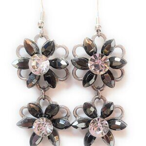 Black Rhinestone Double Flower Earrings